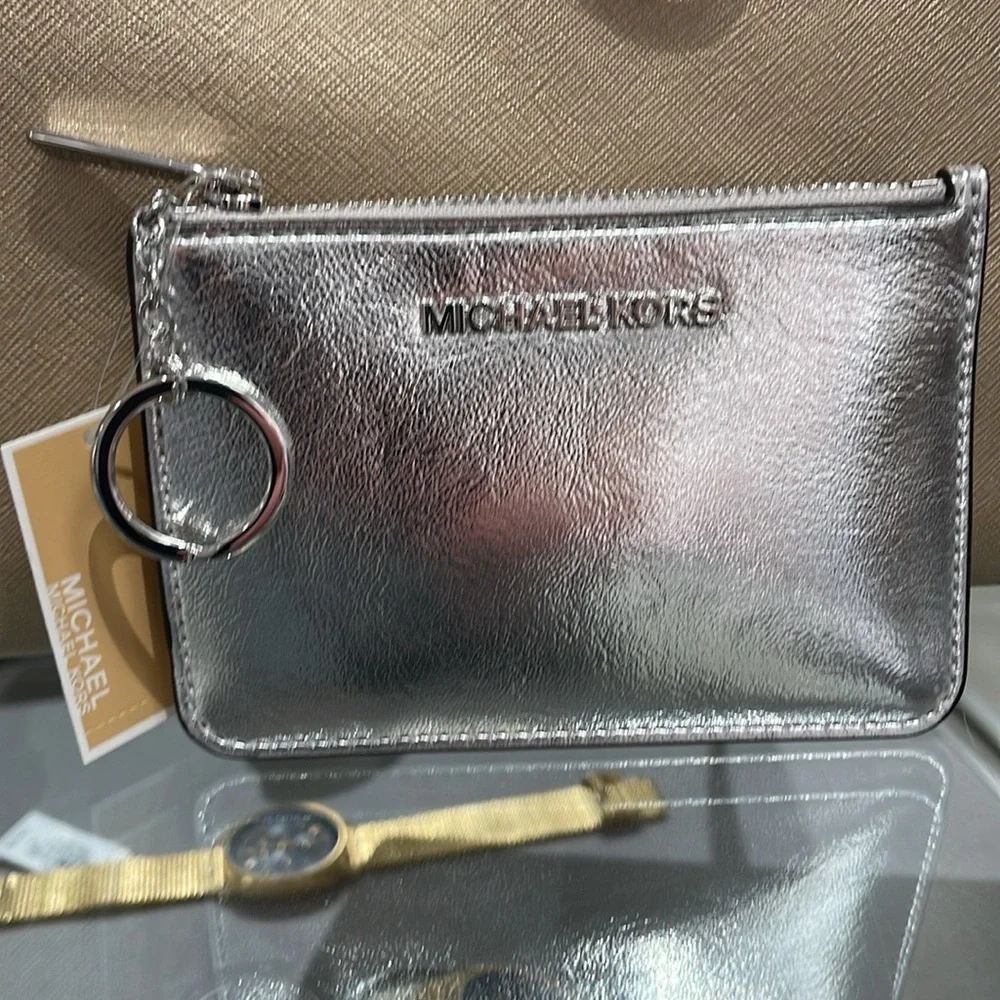 MICHAEL KORS Jet Set Travel Small Top Zip Coin Pouch With ID Silver NWT